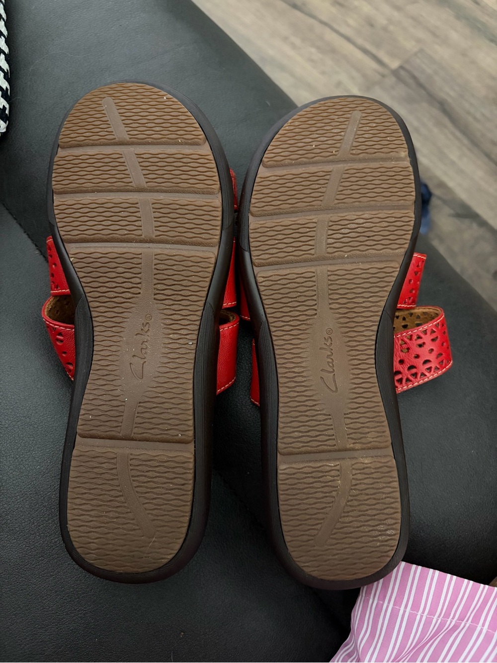 Clarks Women’s Red Triple-Strap Perforated Slide Sandals - Picture 2 of 2